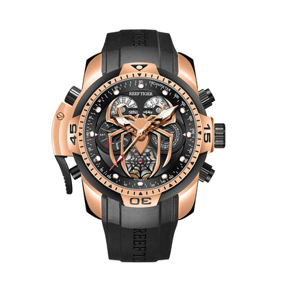 Luxury watch with rose gold and black design on a white background
