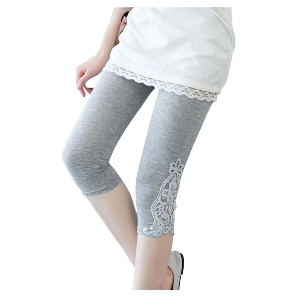 Women Elastic Waist Embroidery Lace Cropped Leggings Pants