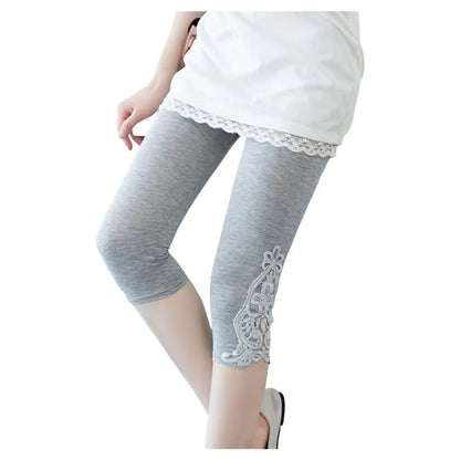 Women Elastic Waist Embroidery Lace Cropped Leggings Pants