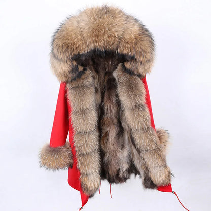 MAOMAOKONG Brand Long Winter Jacket Women Outwear Thick Parkas Natural Real Fox Fur Collar Coat Hooded Pink Female Clothing