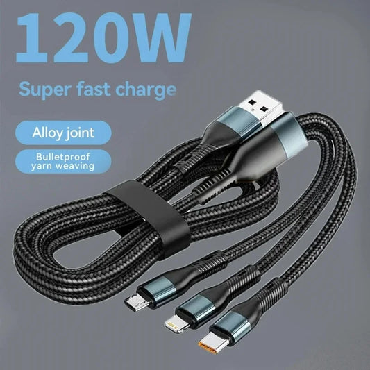 3 in 1 Type C Cable 6A 120W Fast Charging Micro USB Data Cord Phone Charger Quick Charge Cable For iPhone Samsung Xiaomi Huawei
