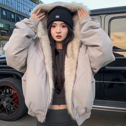 2025 Winterjacke für Damen, verdickter Pelzkragen, warm, Reißverschluss, Kapuzenpullover, für Paare, modisch, modisch, lässig, locker, Oberteil