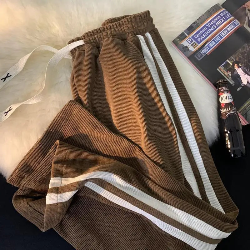 Fleece Corduroy Solid Striped Straight Pants Men Patchwork Drawstring Versatile Trendy Casual Trousers