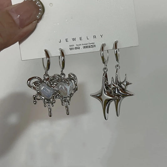 Einfache silberfarbene Sternohrringe für Frauen Opalstein Herz-Creolen Punk Y2K Süße Alltagskleidung Schmuck Partygeschenke