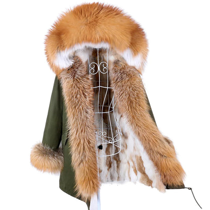 MAOMAOKONG 2023 Abnehmbarer Echtfuchs Pelzkragen Mäntel Damen Winterjacke Kapuze Kaninchenfellfutter Lange Parkas Damenbekleidung