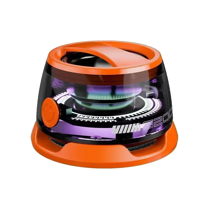Orange and black device with a circular design on a white background