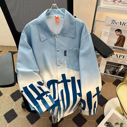 Herrenhemd Blau Farbverlauf Plissiert Langarmhemden Locker Koreanisches Hemd Mode Freizeit Oberteil Damenhemd Hochwertige Kleidung