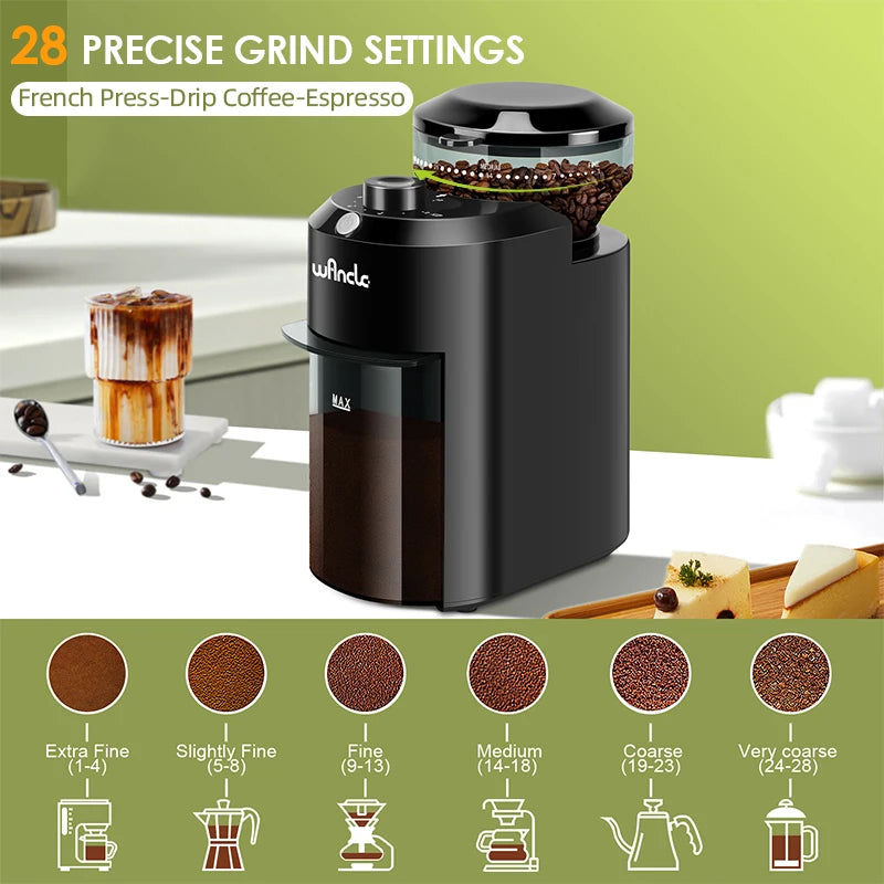 Wancle Elektrische Kaffeemühle mit Mahlwerk, verstellbares Kegelmahlwerk zum Mahlen von Kaffeebohnen, mit 28 präzisen Mahlgradeinstellungen, 220 V/120 V