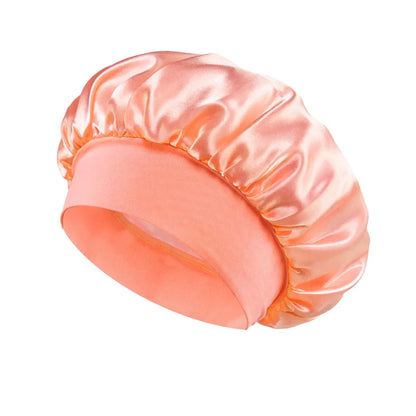 Damen Satin Haube Schlafhaube Haarpflege Seidenhaube Einfarbige breitkrempige Schlafhaube mit elastischem weichen Band