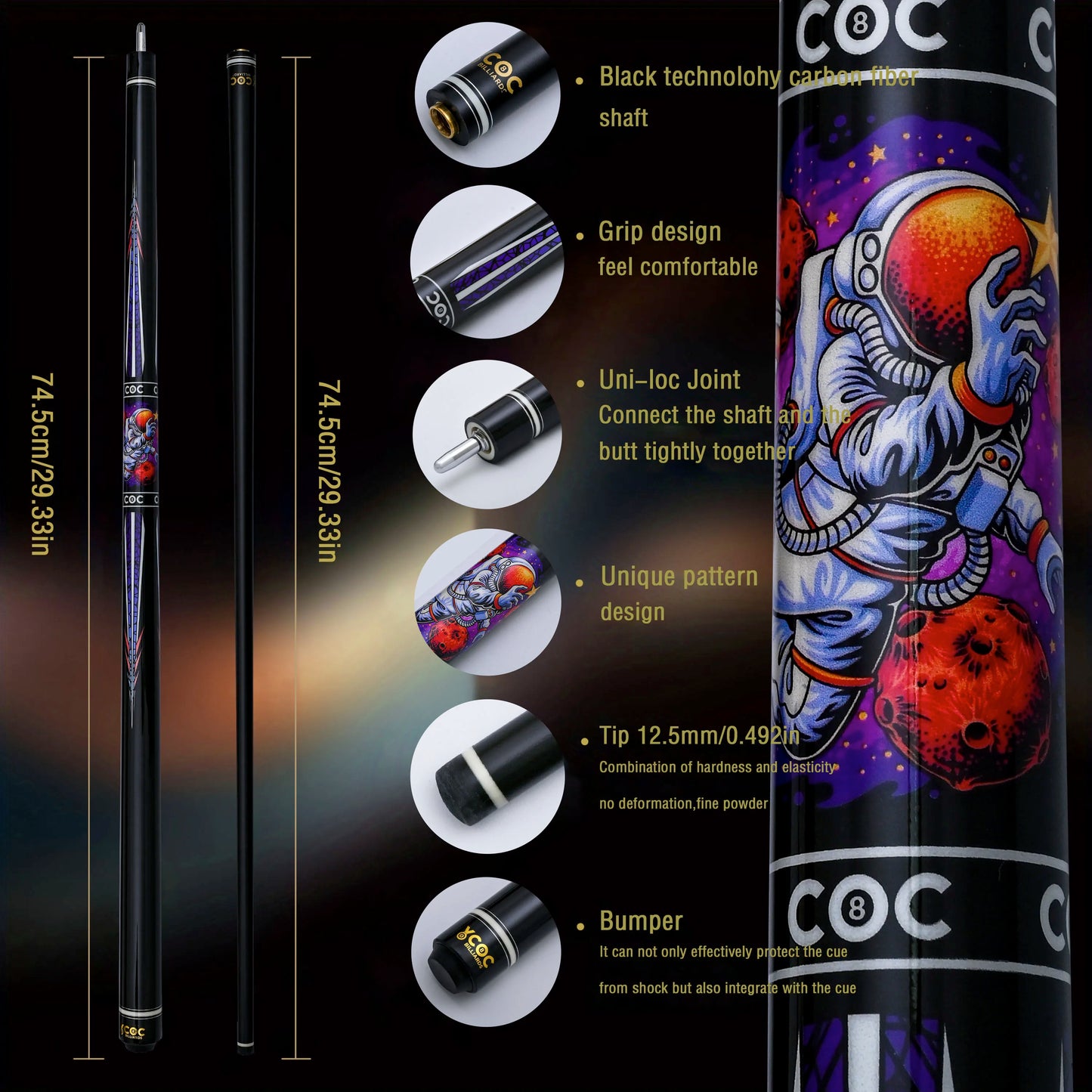 Low Deflection 12.5mm Professional Carbon Composite Pool Cue - Multi-Layer Tip & Stainless Steel Joint | High Performance cue