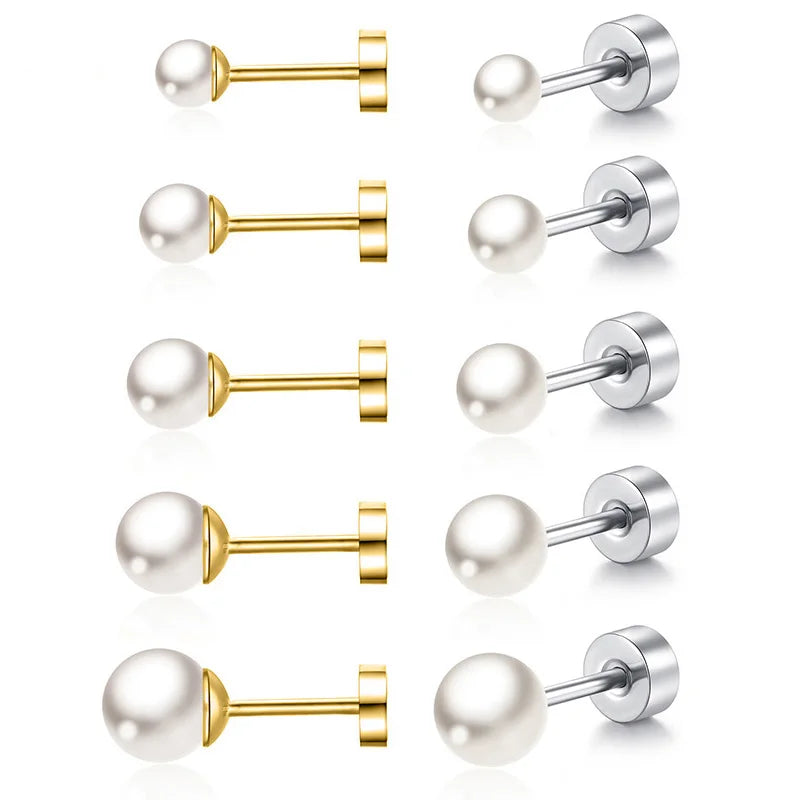 2pcs Simple Imitation Pearl Stud Earrings For Women Girls Stainless Steel Screw Back Pierced Studs Jewelry Gifts