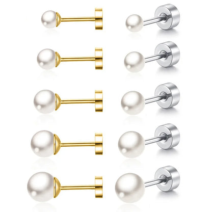 2pcs Simple Imitation Pearl Stud Earrings For Women Girls Stainless Steel Screw Back Pierced Studs Jewelry Gifts