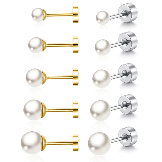 2pcs Simple Imitation Pearl Stud Earrings For Women Girls Stainless Steel Screw Back Pierced Studs Jewelry Gifts