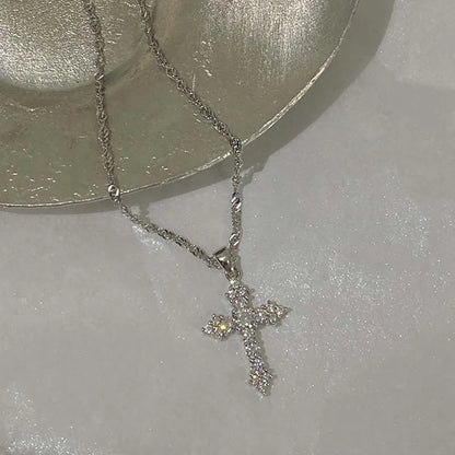 Shiny Crystal Zircon Cross Pendant Necklace for Women Girls Punk Silver Color Thin Chain Necklace Party Jewelry Birthday Gift