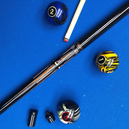 Pool cue and balls on a blue felt surface