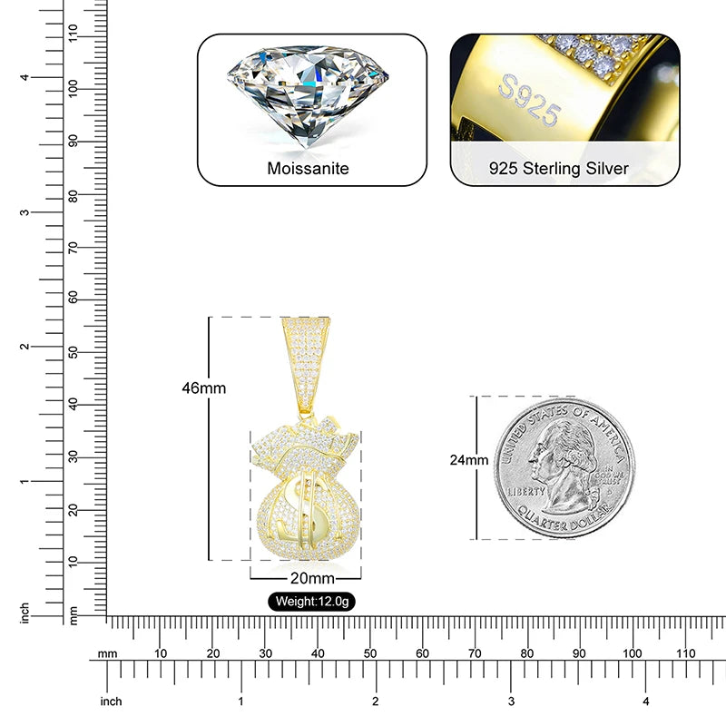 D Color VVS Moissanite Money Bag Pendant Necklace 925 Sterling Silver Jewelry