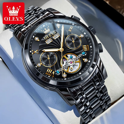 OLEVS Luxuriöse automatische mechanische Uhren für Herren, Skelett-Unruh-Kalender-Woche, Business-Herrenuhr, ausgehöhlte Herrenuhren