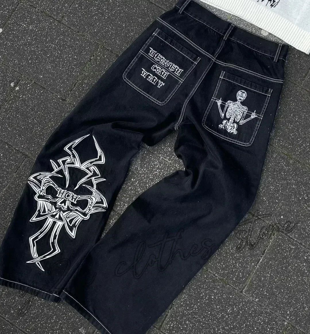 Street Fashion Trend Totenkopf bestickte Jeans Damen Harajuku Y2K Neue Hip Hop Joker Straight Wide-Leg Hosen Paar Freizeitjeans