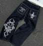 Street Fashion Trend Totenkopf bestickte Jeans Damen Harajuku Y2K Neue Hip Hop Joker Straight Wide-Leg Hosen Paar Freizeitjeans