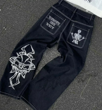 Street Fashion Trend Totenkopf bestickte Jeans Damen Harajuku Y2K Neue Hip Hop Joker Straight Wide-Leg Hosen Paar Freizeitjeans