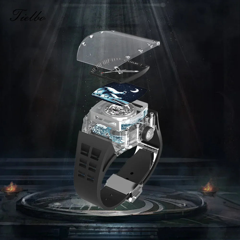 TIELBO Crystal Automatic Mechanical Case Watches Skeleton Sapphire Diamond Wristwatch Waterproof Luminous