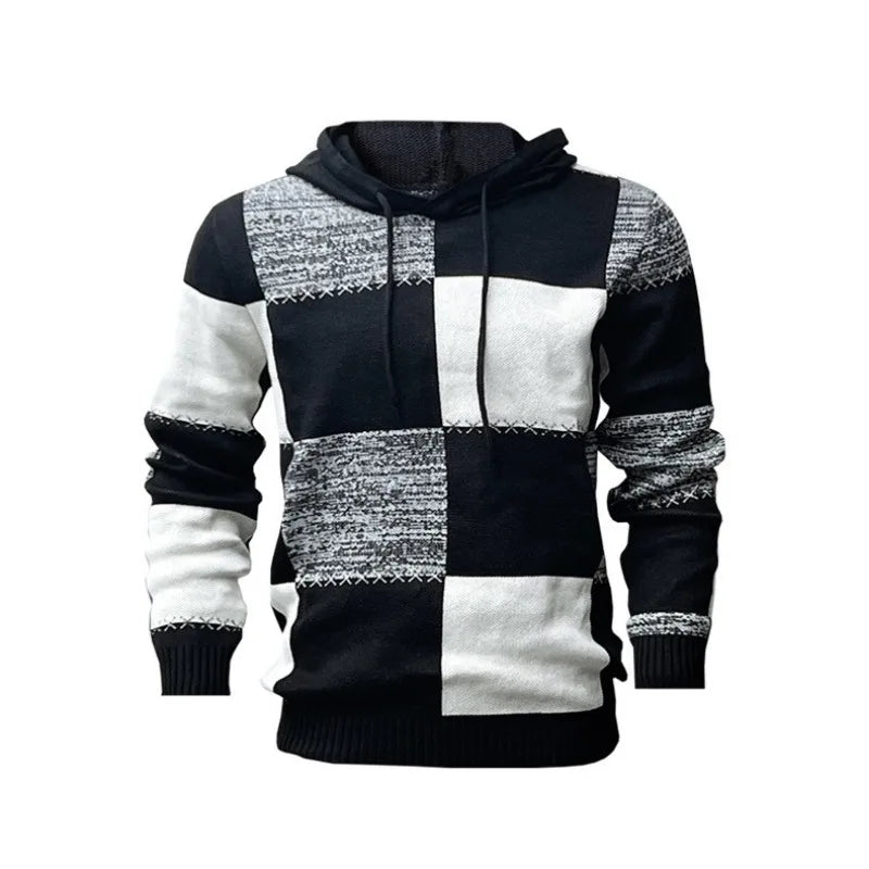 Men's Hooded Printed Knit Pullover Sweater