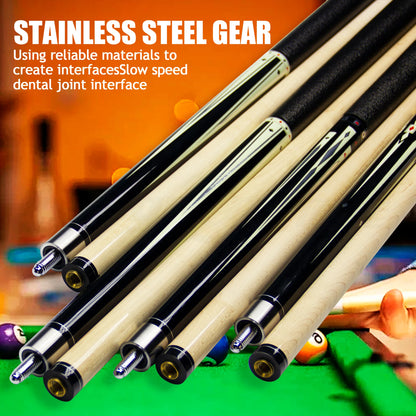 Pool cues with stainless steel tips on a pool table, text about stainless steel gear.