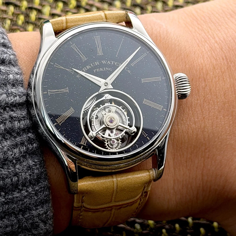 100% Tourbillon Watch Natural Stone Dial Malachite Sapphire Mechanical Wrist Watches