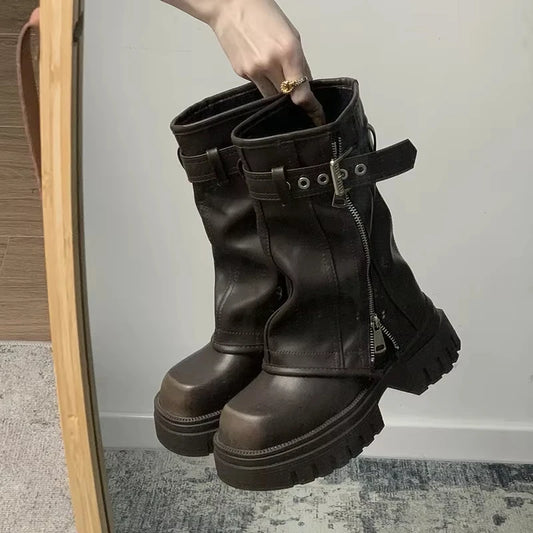 Winter Women Biker Boots Fashion Belt Buckle Ladies Elegant Platform Flats Short Booties Casual Women's Knight Booties
