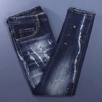 Men's Deep Blue Slim Fit Painted Jeans – Designer Denim