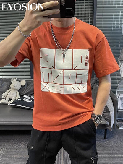 2023 Herren Sommer T-Shirt Sport Fitness Shirt Buchstaben bedruckt Rundhals Locker Koreanisch Halbarm Herren Freizeit Vielseitiges T-Shirt Top