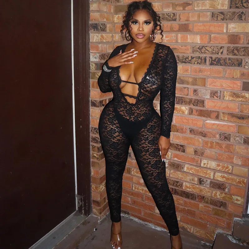 Black Lace Bodysuit | See-Through Long Sleeve Club