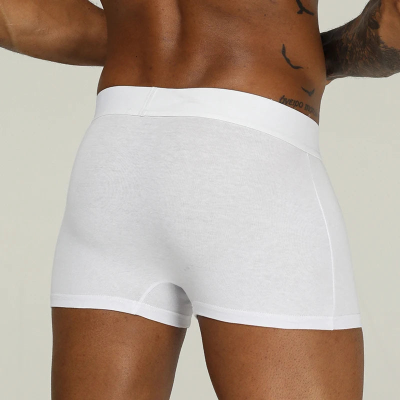 White boxer briefs worn by a person on a beige background