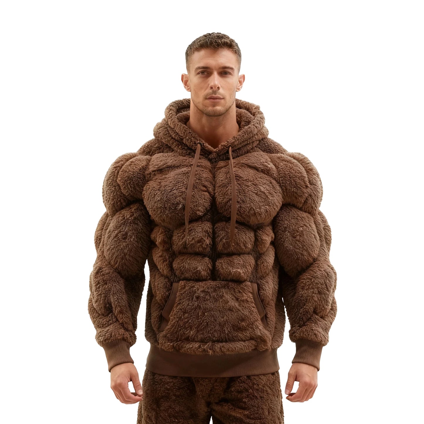 Men's Fashion Flannel Hoodie Pullover Abdominal Muscle Design Sportswear Autumn Winter Casual Long Sleeve Hooded Sweatshirt