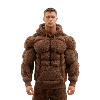 Men's Fashion Flannel Hoodie Pullover Abdominal Muscle Design Sportswear Autumn Winter Casual Long Sleeve Hooded Sweatshirt