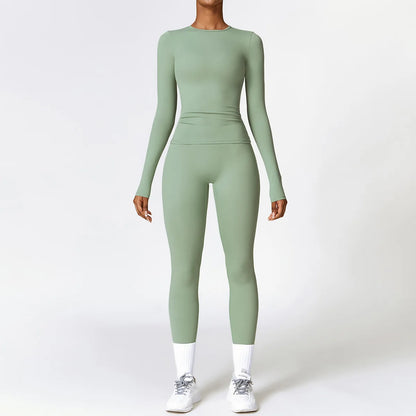 2PCS Yoga Set Women Gym Clothing Fitness Workout Set Sportswear Female Long Sleeve Crop Top High Waist Leggings Sports Suits