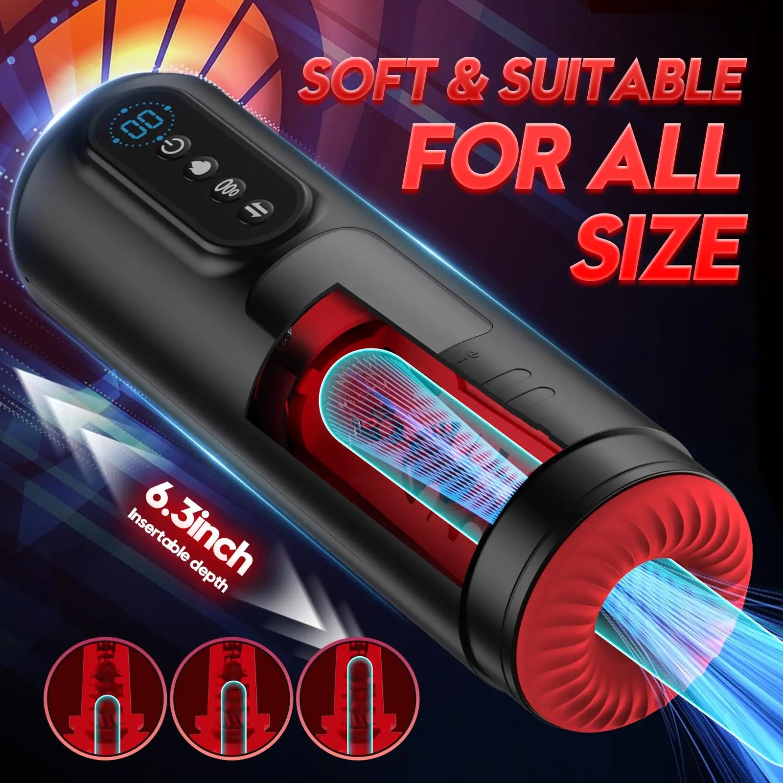 Black and red vacuum cleaner with digital display on a dark background