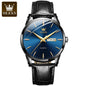 Wristwatch with blue dial and black leather strap on a white background, featuring OLEVS branding.