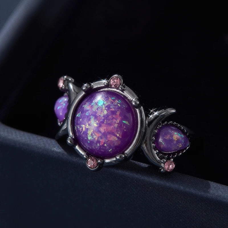 Fashion Female Round Purple Imitation Fire Opal Black Rings for Women Bridal Accessories High Quality Vintage Jewelry Gift