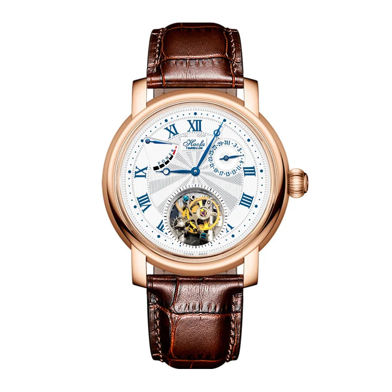 18K Solid Gold Tourbillon Watch Hand-carved Sunburst Dial Manual Mechanical Watch Sapphire Business