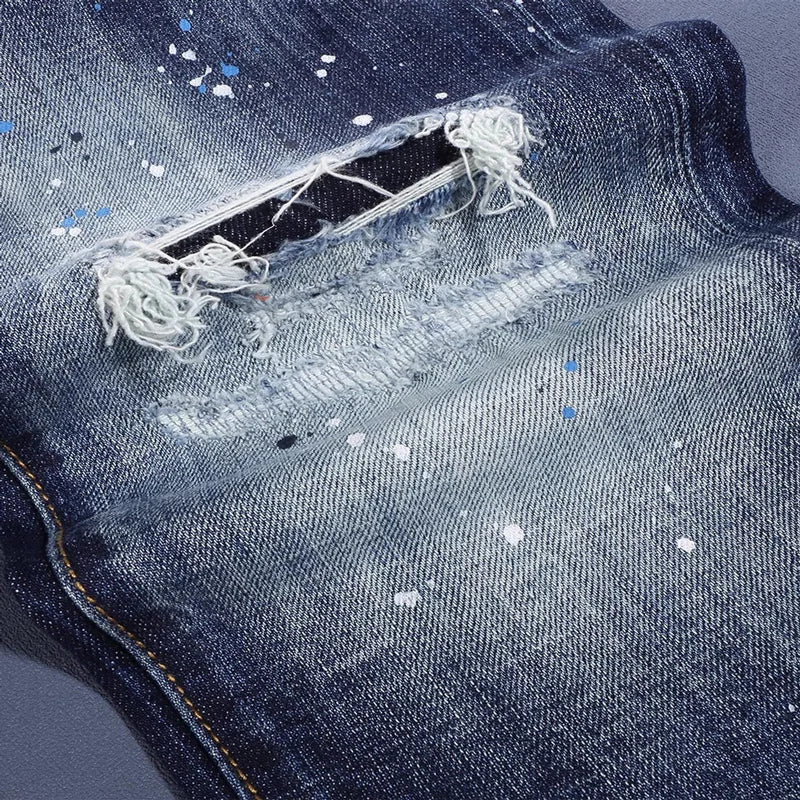 Men's Scratch Paint Jeans – Washed Slim Hip-Hop Blue