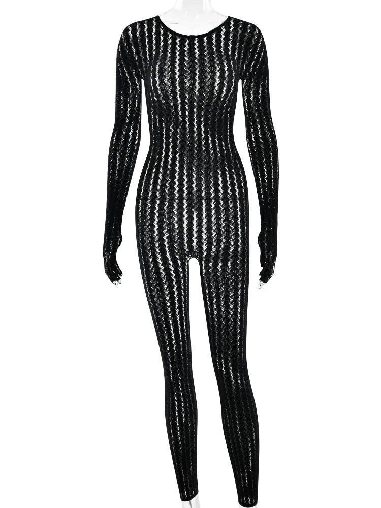 Sibybo Transparente, ausgehöhlte Jumpsuits Damen Sommer Rundhals Langarm Hochelastisch Einteiliger Jumpsuit Overall Dünner Sexi Overall