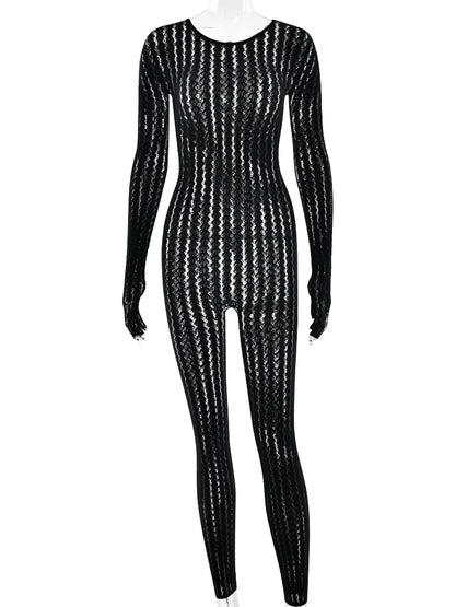 Sibybo Transparente, ausgehöhlte Jumpsuits Damen Sommer Rundhals Langarm Hochelastisch Einteiliger Jumpsuit Overall Dünner Sexi Overall