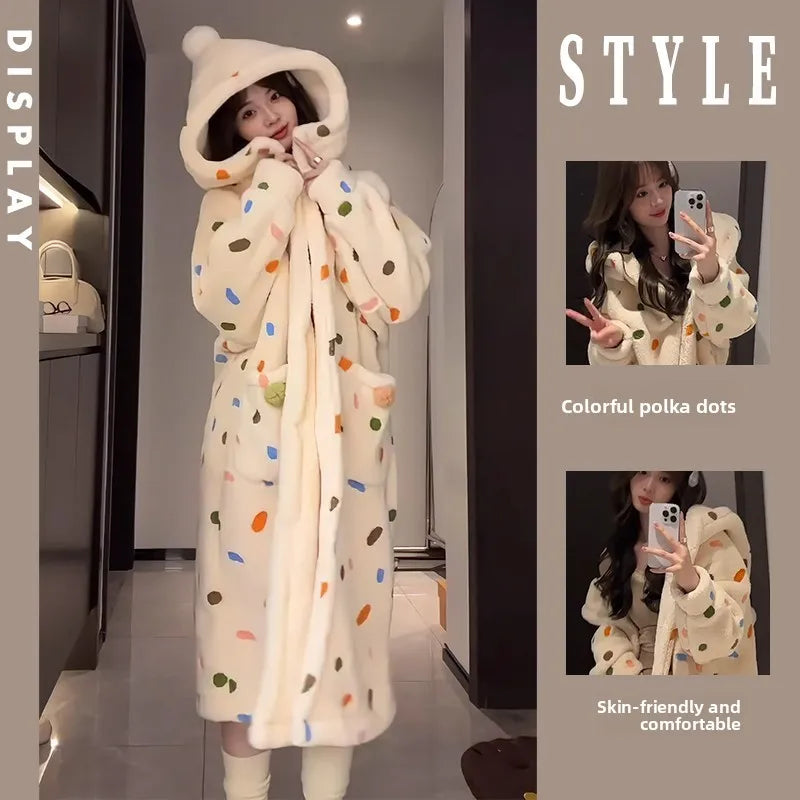 Thickened Coral Fleece Pajamas Women's Winter Sleepwear Long Hooded Thermal Flannel Robe Home Clothes Comfortable Casual Outfit