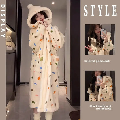 Thickened Coral Fleece Pajamas Women's Winter Sleepwear Long Hooded Thermal Flannel Robe Home Clothes Comfortable Casual Outfit
