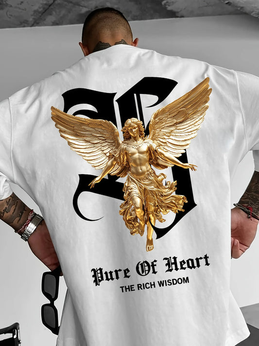Men's summer 100% pure cotton fashionable casual sports loose angel pattern letter print round neck short sleeved T-shirt top