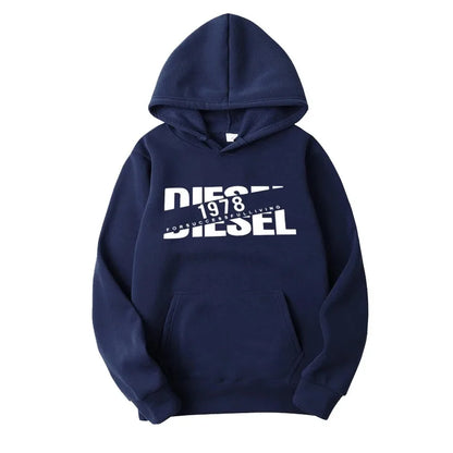 Autumn-Winter Navy Men's Hoodie: "Diesel 1978" Graphic, Relaxed Fit Pullover, Stylish Cold-Season Casual Wear