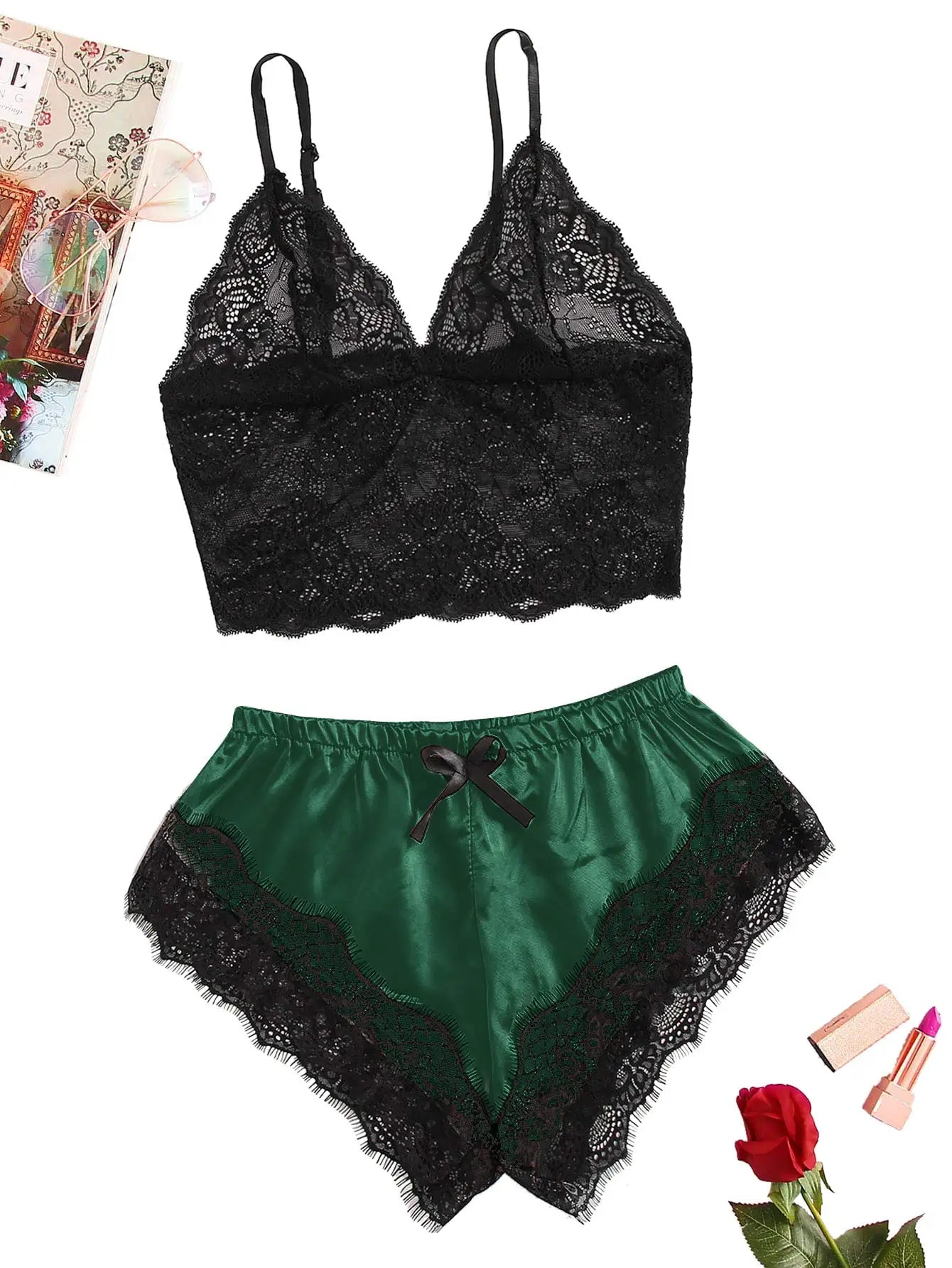 2PCS Women's Satin Pajama Set Lace Cami Top and Shorts Sexy Lingerie Sleepwear Summer Breathable Nightwear Black And Pink