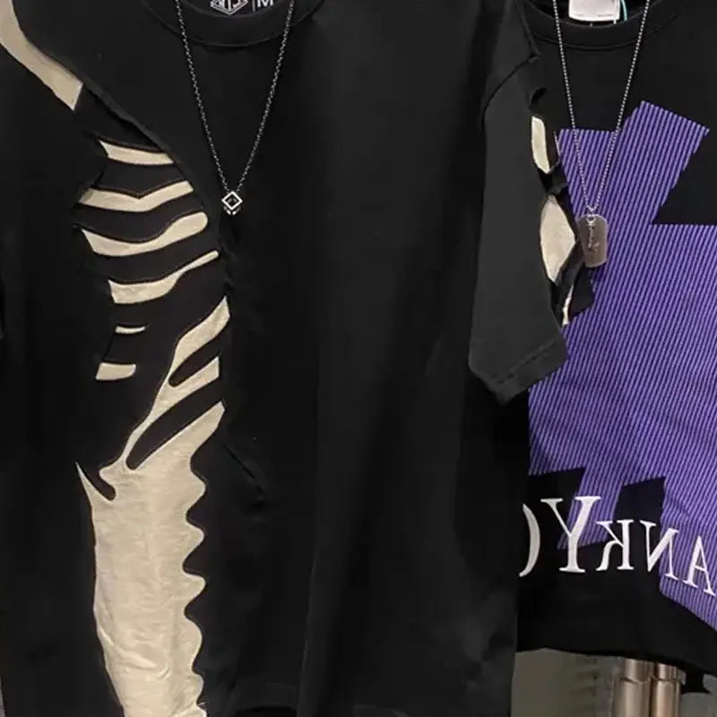 Black clothing with zebra pattern and purple design on a stand