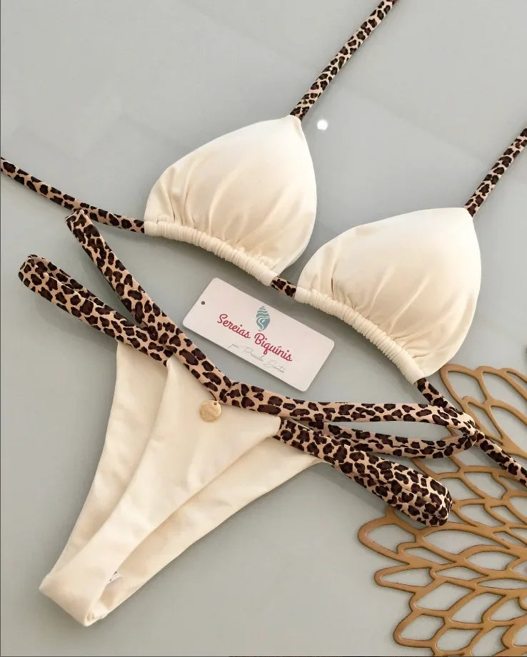 Print Sexy Bikini Sets Halter Lace-up Tops Thongs Beach Style Bathing Suit Y2k Swimsuits Women Beachwear Купальник Женский 2025